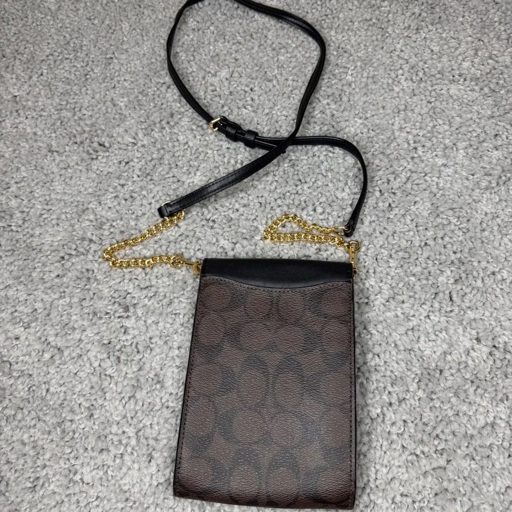 Coach North South Phone Crossbody Bag Signature Canvas Black Brown Gold C6884